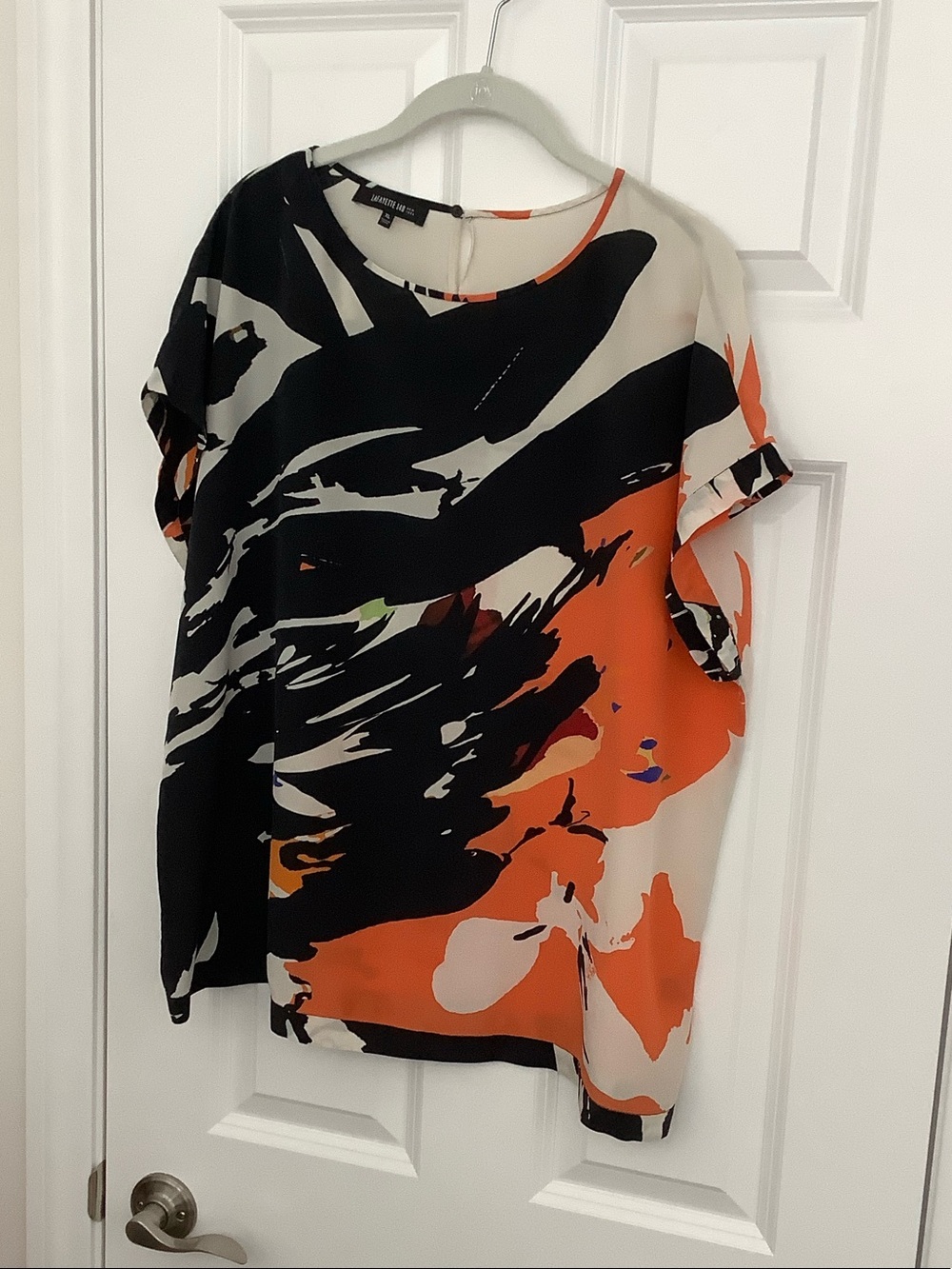 Lafayette 148 New York Abstract Short Sleeve Blouse - Black & Orange & White